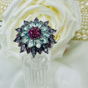 Sterling Silver Multicolor Zircon Flower Cocktail Ring – Size 7 Statement piece